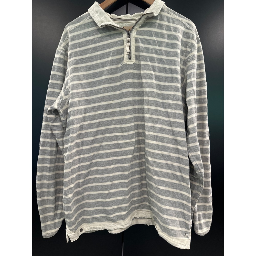 Tommy Bahama Jeans Womens XL Quarter Zip Pullover Striped Grey White Cotton